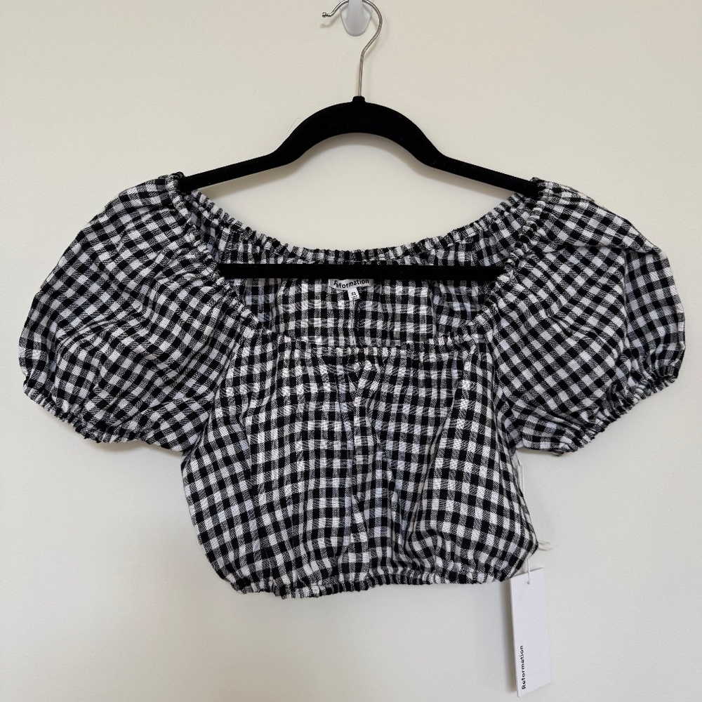 Reformation Scallop Linen Top - April Check - Size XS - NWT
